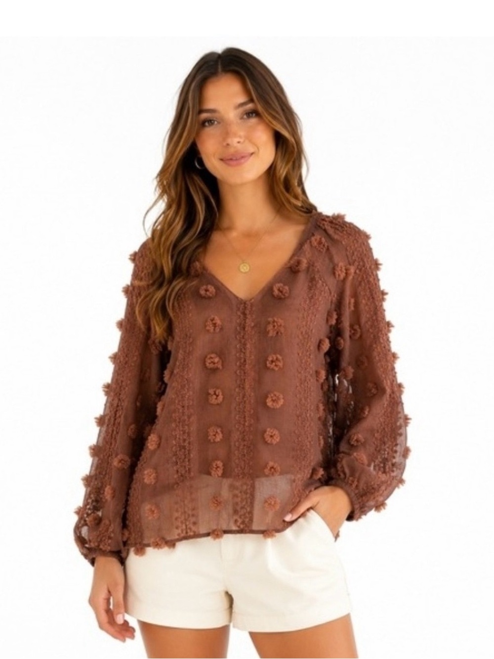 Calypso Textured Pom-Pom V-Neck Blouse - Brown